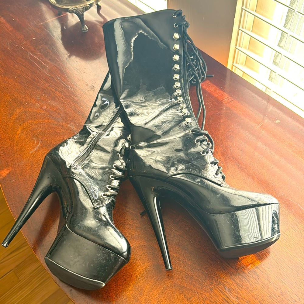 Black Vinyl/PVC Lace Up Boots, Calf Length, Goth, Dominatrix, Club Wear